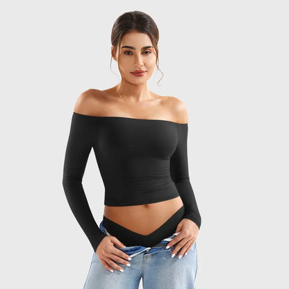 Double-Lined Off Shoulder Long Sleeve Tops for Women Slim Fit Going Out Shirts