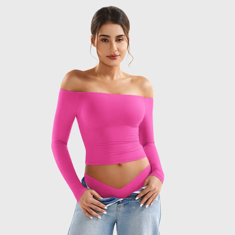 Double-Lined Off Shoulder Long Sleeve Tops for Women Slim Fit Going Out Shirts