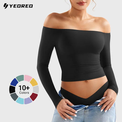 Double-Lined Off Shoulder Long Sleeve Tops for Women Slim Fit Going Out Shirts
