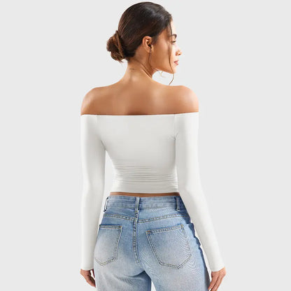 Double-Lined Off Shoulder Long Sleeve Tops for Women Slim Fit Going Out Shirts