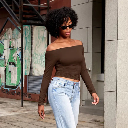 Double-Lined Off Shoulder Long Sleeve Tops for Women Slim Fit Going Out Shirts